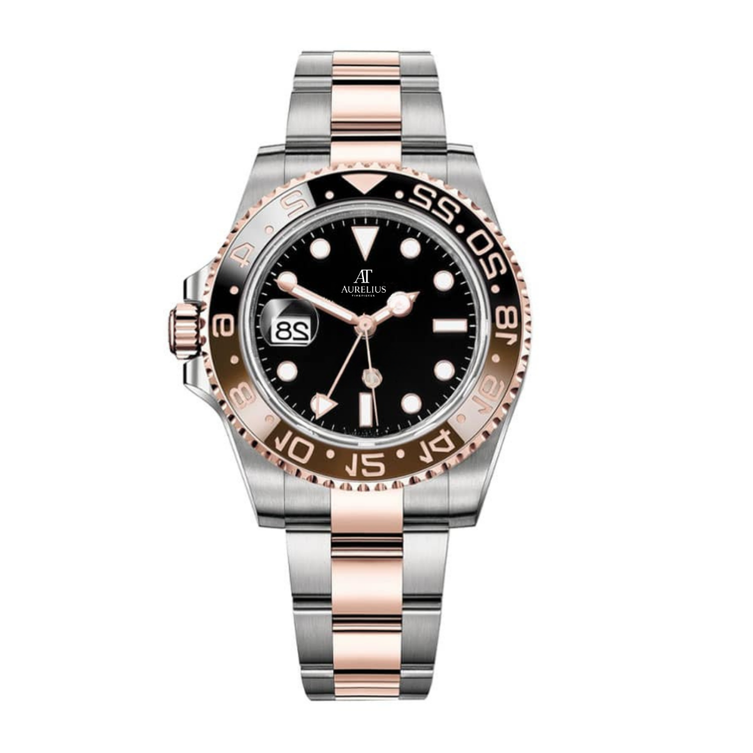 GMT Traveller 40 – Black Dial | Bicolor Stainless Steel & Rose Gold Tone Bracelet with Brown-Black Ceramic Bezel